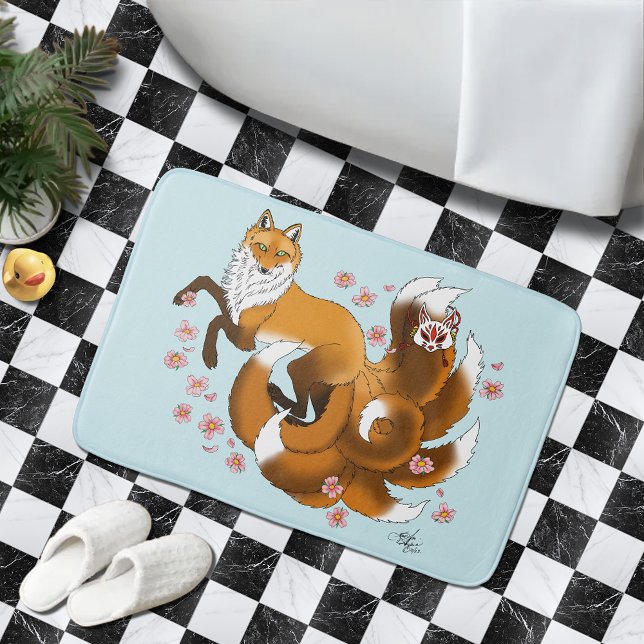 Whimsical Kitsune Fox Blå Körsbärsblommor Fantasi Badrumsmatta (Skapare uppladdad)