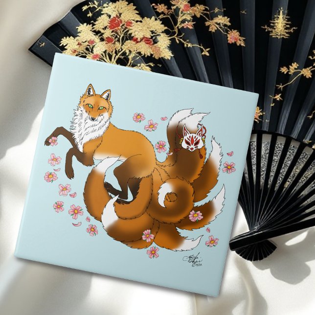 Whimsical Kitsune Fox Blå Körsbärsblommor Fantasi Kakelplatta (Skapare uppladdad)