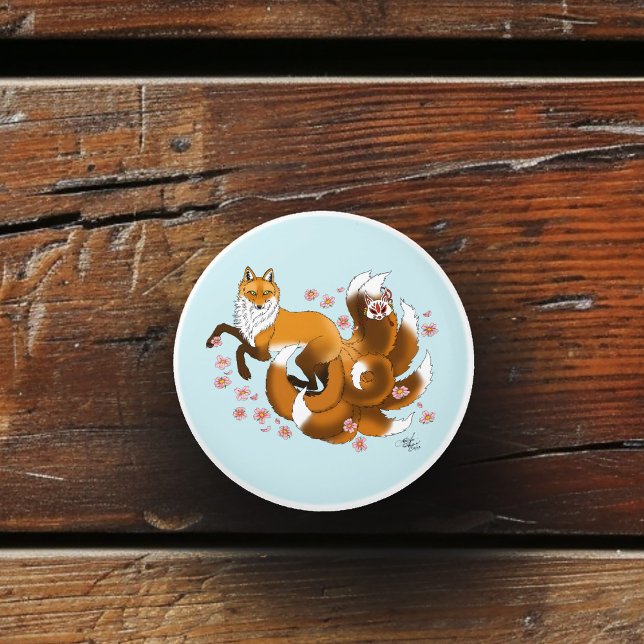 Whimsical Kitsune Fox Blå Körsbärsblommor Fantasi Knopp (Skapare uppladdad)