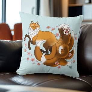 Whimsical Kitsune Fox Blå Körsbärsblommor Fantasi Kudde