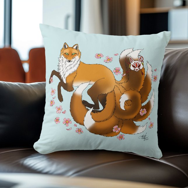 Whimsical Kitsune Fox Blå Körsbärsblommor Fantasi Kudde (Skapare uppladdad)