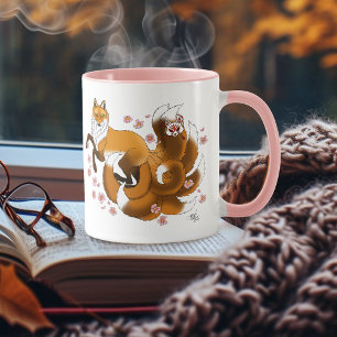 Whimsical Kitsune Fox Blå Körsbärsblommor Fantasi Mugg