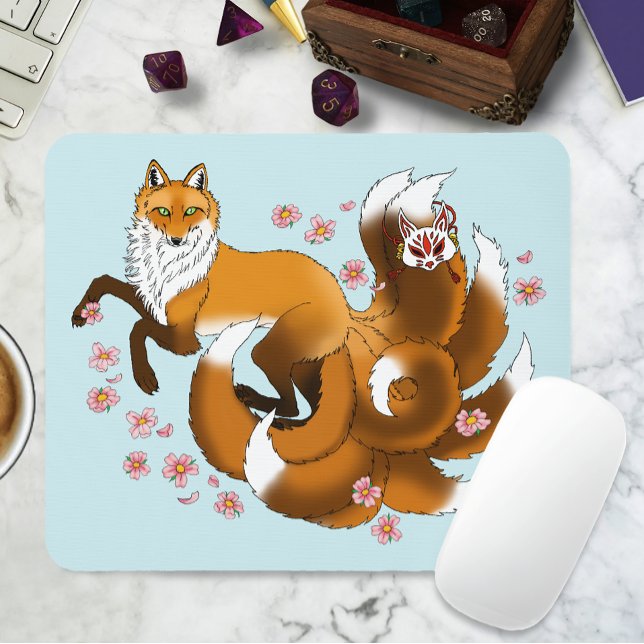 Whimsical Kitsune Fox Blå Körsbärsblommor Fantasi Musmatta (Skapare uppladdad)