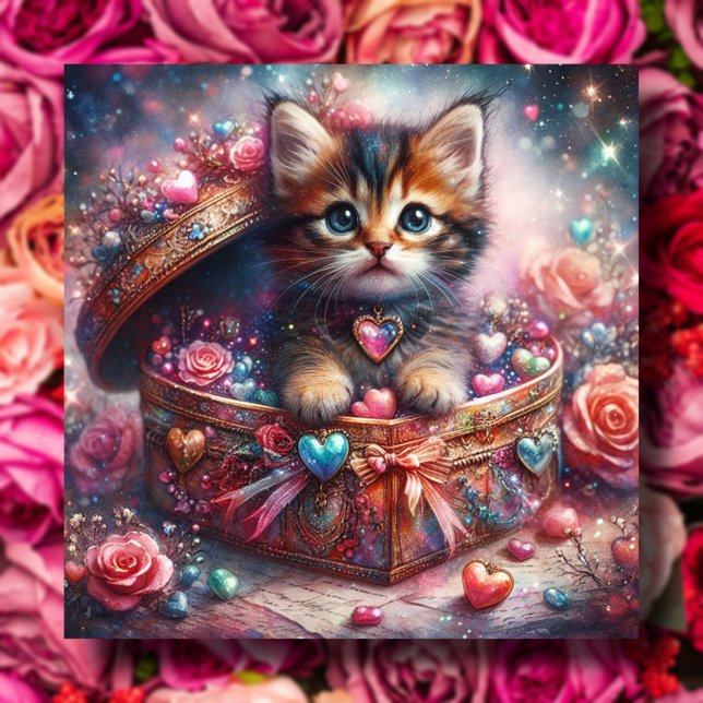 Whimsical Kitten Candy Hearts Glitter Valentine Julkort (Skapare uppladdad)