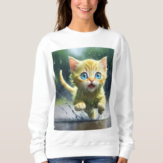 Whimsical Kitten Rain Springa Kvinnors vanliga söt T Shirt (Framsida)