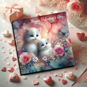 Whimsical Kittens Watercolor Blommig Alla Hjärtans Julkort