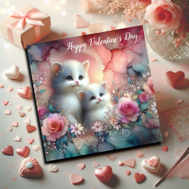 Whimsical Kittens Watercolor Blommig Alla Hjärtans Julkort (Skapare uppladdad)