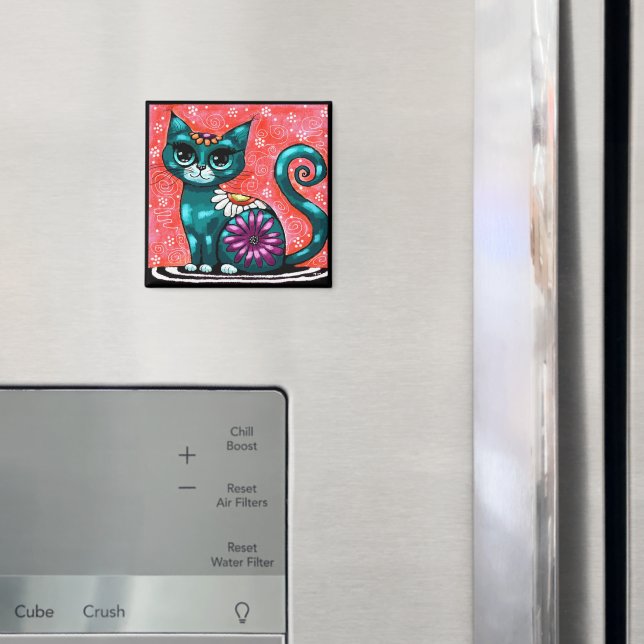 Whimsical Kitty Katt Sittande på Mattan Blommig Te Magnet (In Situ (Fridge))