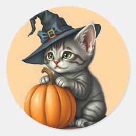 Whimsical Kitty Witch, Halloween Kitten Witch,     Runt Klistermärke