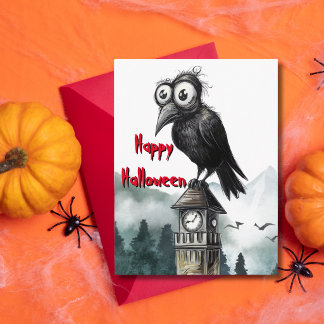 Whimsical Klocktorn med Kråka Rolig Halloween Vykort