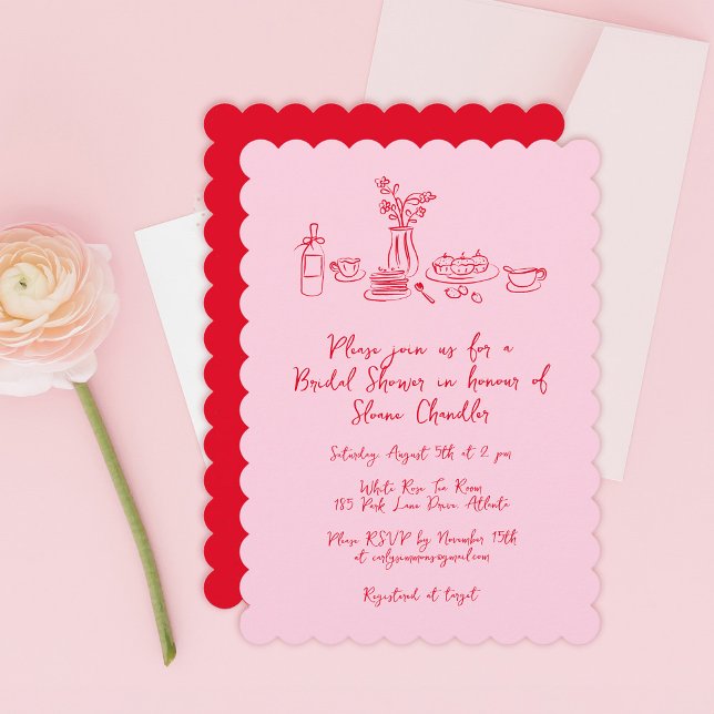 Whimsical Klotter Doodle Handritad Bröllopsdusch Inbjudningar (pink hand-drawn food and drinks bridal shower invitation)