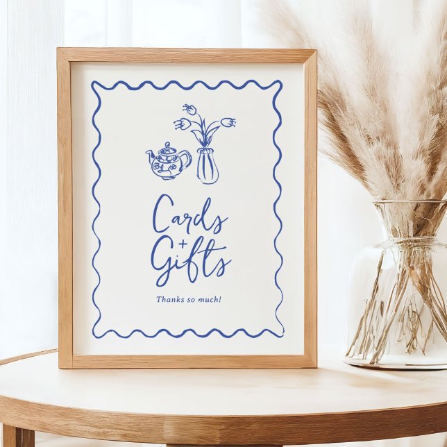 Whimsical Klotter Teckning Kort & Present Skylt (Cards & Gifts sign with whimsical doodles in blue and white.)