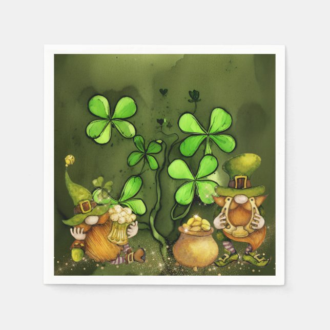 Whimsical Klöver och Irish Leprechaun Gnomes Pappersservett (Framsidan)