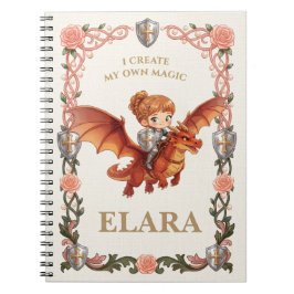 Whimsical Knight Flicka Dragon Födelsedag Estetik Anteckningsbok