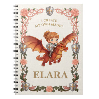 Whimsical Knight Flicka Dragon Födelsedag Estetik Anteckningsbok