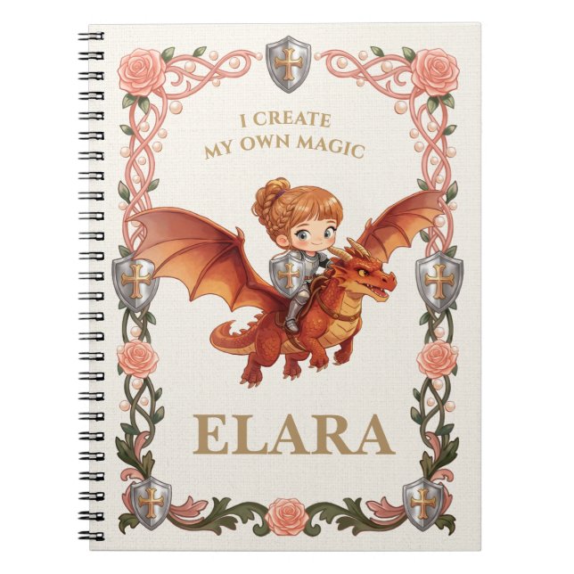 Whimsical Knight Flicka Dragon Födelsedag Estetik Anteckningsbok (Framsidan)