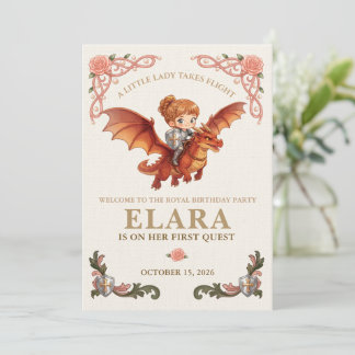 Whimsical Knight Flicka Drakens Födelsedags Välkom Inbjudningar