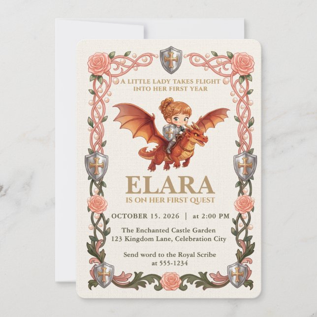 Whimsical Knight Flicka och Drakes Första Födelsed Inbjudningar (Framsida)
