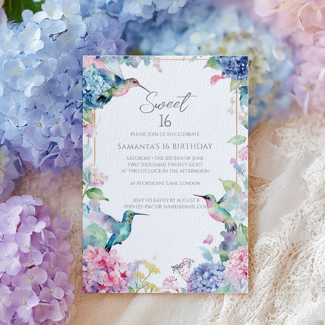 Whimsical Kolibrier med Hydrangeor Sweet 16 Inbjudningar (Skapare uppladdad)
