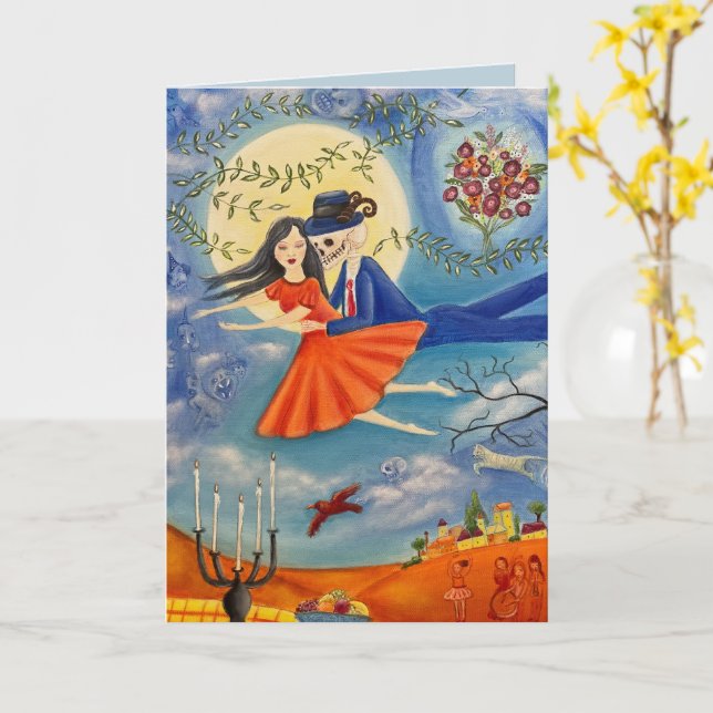 Whimsical konst skelett och kvinna Evig kärlekskor Kort (Gul blomma)