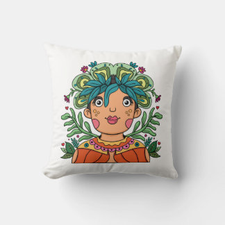 Whimsical konstflicka med blomkrona kudde