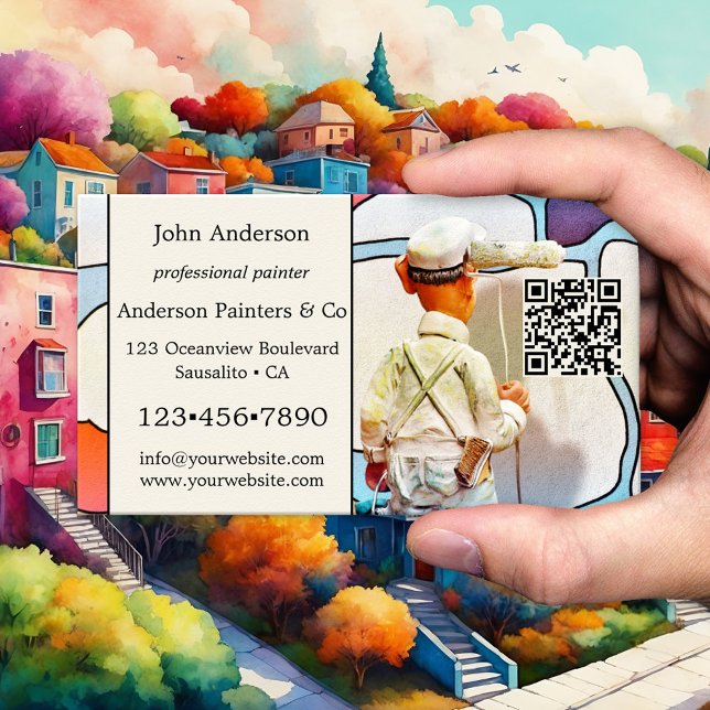 Whimsical konstnärlig målare näringslivskort visitkort (Artistic design business card featuring an image of a painter at work - with QR code template)