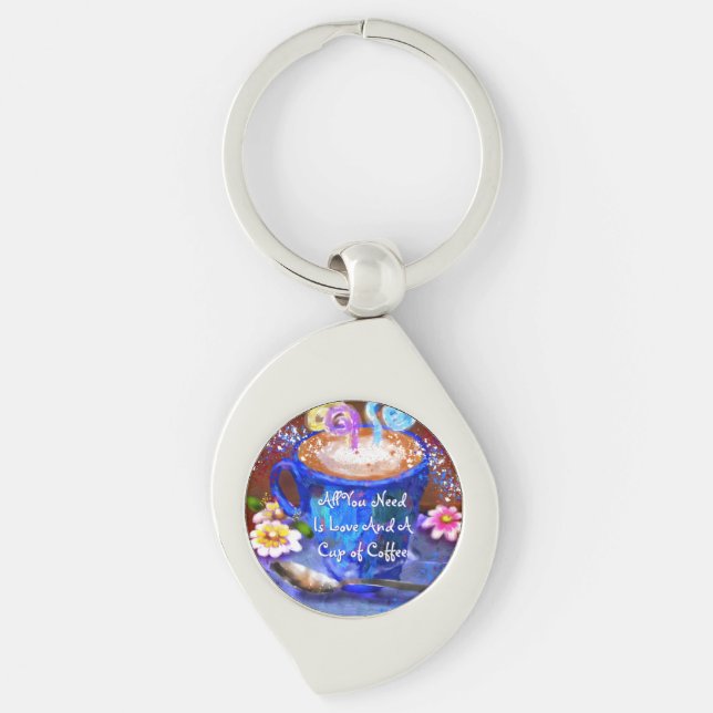 Whimsical kopp kaffe Blommig Personlig Swirl Silverfärgad Nyckelring (Framsidan)