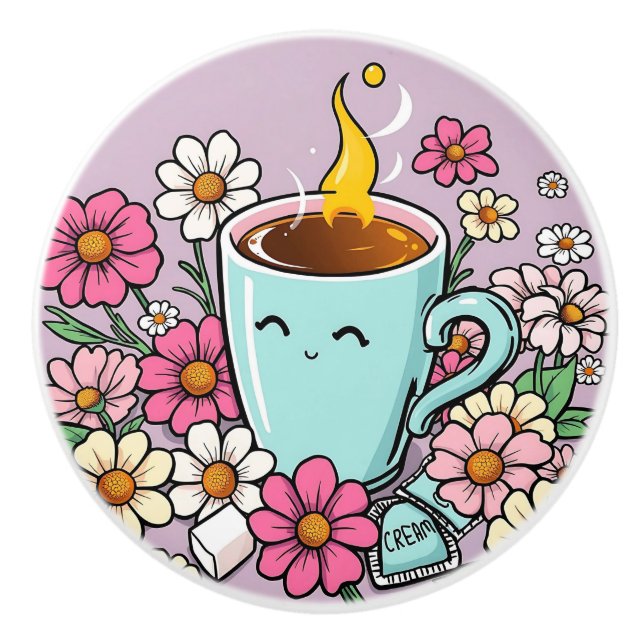 Whimsical kopp varm kaffe och blommor knopp (Framsidan)
