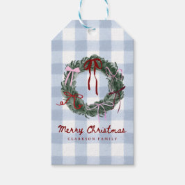 Whimsical krans blå gingham jul  presentetikett