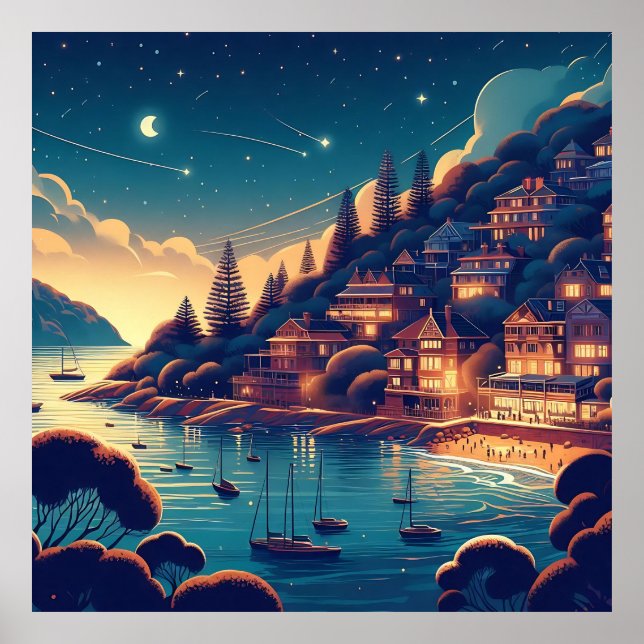 Whimsical kustnatt stjärnhimmel digital konst & poster (Framsidan)