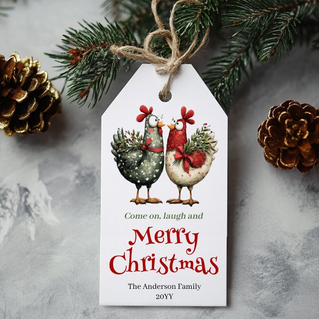 Whimsical kyckling presenttagg rolig juldesign presentetikett (Whimsical chickens gift tag funny holiday design

)