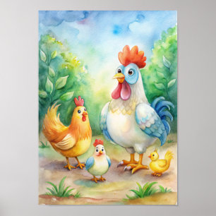 Whimsical Kyckling Vattenfärg Poster