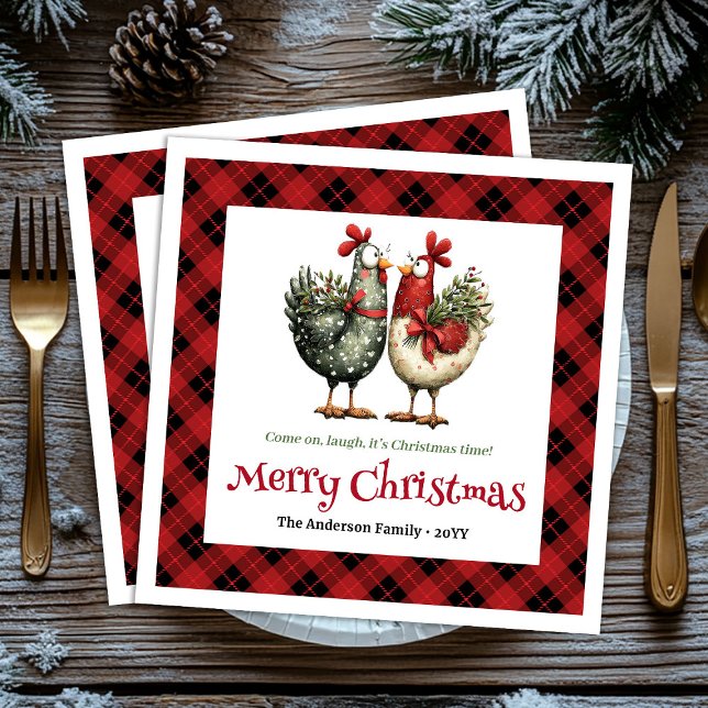Whimsical kycklingar jul servetter redigerbart nam (Whimsical chickens Christmas napkins editable name)