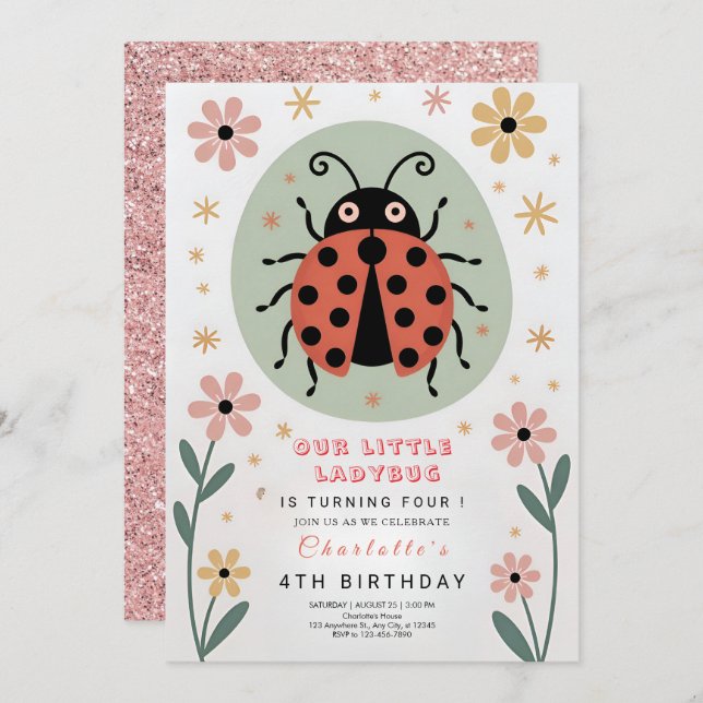 Whimsical Ladybug Birthday Inbjudningar (Fram/baksida)