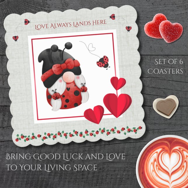 Whimsical Ladybug Love Always Lands Here Gnome Underlägg Papper (Bring good luck and love to your living space with this utterly charming Ladybug Gnome coaster set)