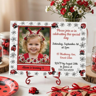 Whimsical Ladybug Photo Birthday Invitation Inbjudningar