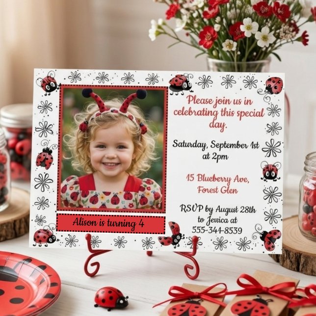 Whimsical Ladybug Photo Birthday Invitation Inbjudningar (Skapare uppladdad)