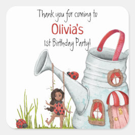 Whimsical LadyBug Swing Garden House 1 Birthday Fyrkantigt Klistermärke