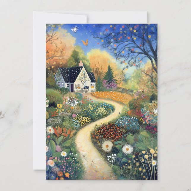 Whimsical Land Cottage Scene Hej Flat Kort (Framsida)