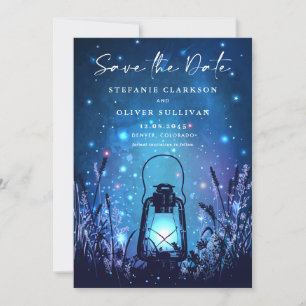 Whimsical Lantern och Eldflugor Blå Spara Datumet