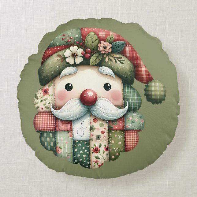 Whimsical Lapptäcke Tomte Jul Rund Kudde (Framsidan)