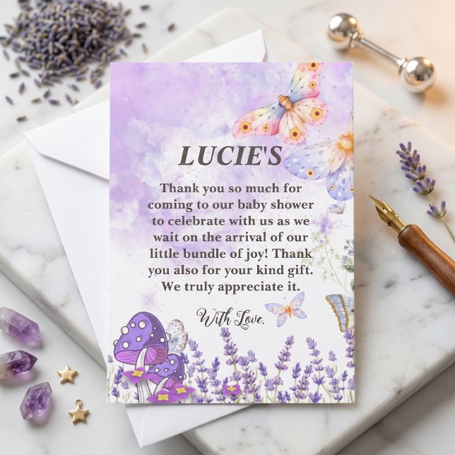 Whimsical Lavendel Fjäril Blommig Babyfirande  Tack Kort (Whimsical Lavender Butterfly Floral Baby Shower Thank You Card)