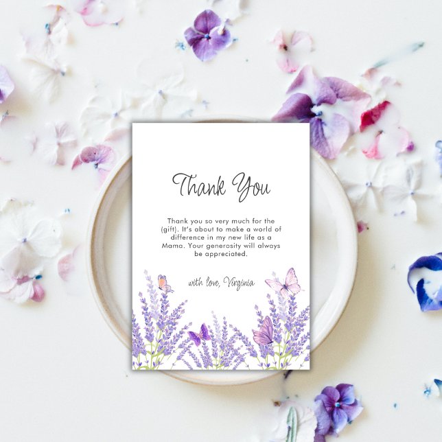 Whimsical Lavender Blommigt Butterfly Baby Shower Tack Kort (Whimsical Lavender Floral Butterfly Baby Shower Thank You Card)