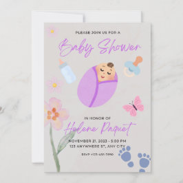 Whimsical Lavender Watercolor Baby Shower Invitati Inbjudningar