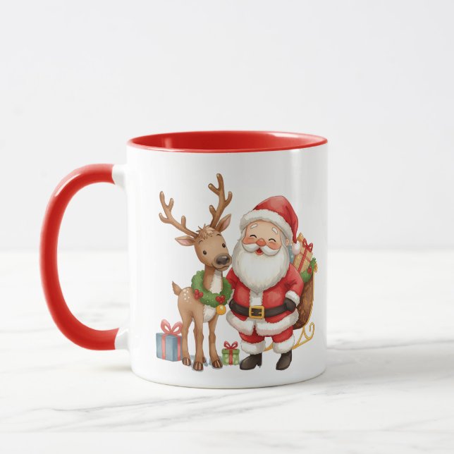 Whimsical leende tomte med renar.  mugg (Vänster)