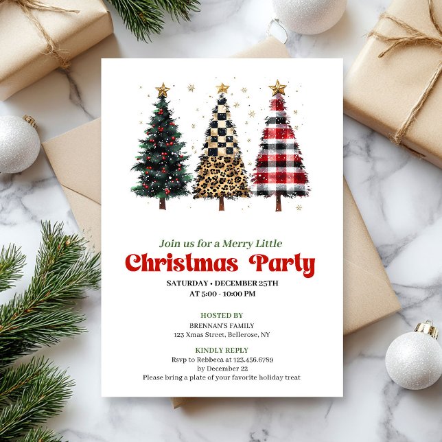 Whimsical leopard and gold Christmas tree invite Inbjudningar (Whimsical leopard and gold Christmas tree invitation)