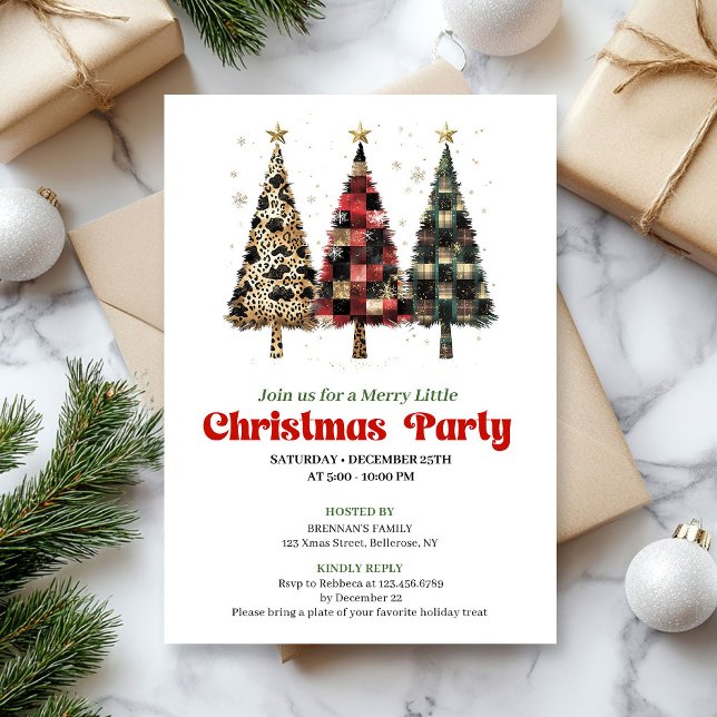 Whimsical leopard and plaid Christmas tree invite Inbjudningar (Whimsical leopard and plaid Christmas tree invite)