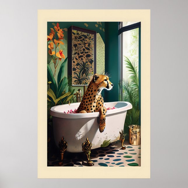 Whimsical Leopard i badkar konst vattenfärgstryck Poster (Framsidan)