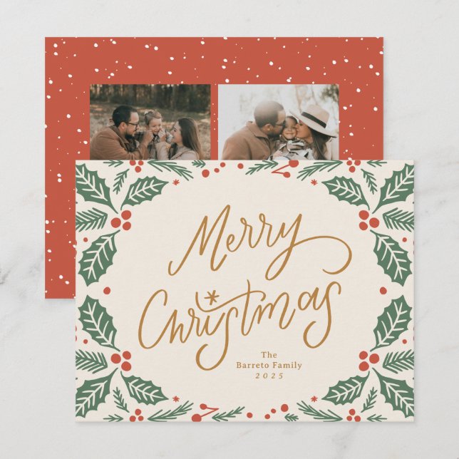 Whimsical Lettered Christmas Holly Julkort (Fram/baksida)