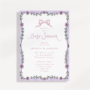 Whimsical lila blomsterram Baby Shower  Inbjudningar